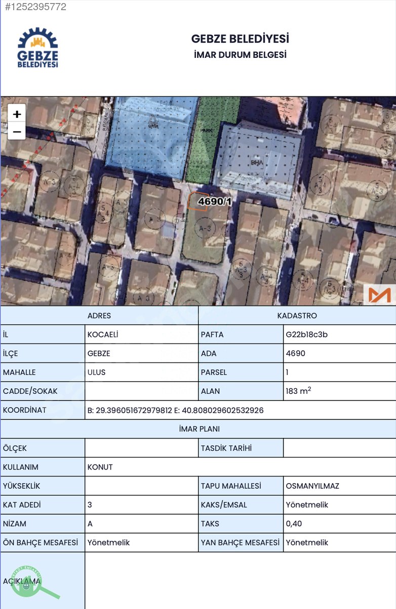 Gebze Ulus Mahallesi'nde -183 M2 - Konut İmarlı- Yatırımlık Arsa